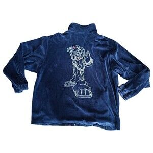 IOU Track Jacket Men's Size XL Velour Full Zip Navy Blue 90's Vintage Y2K Logo